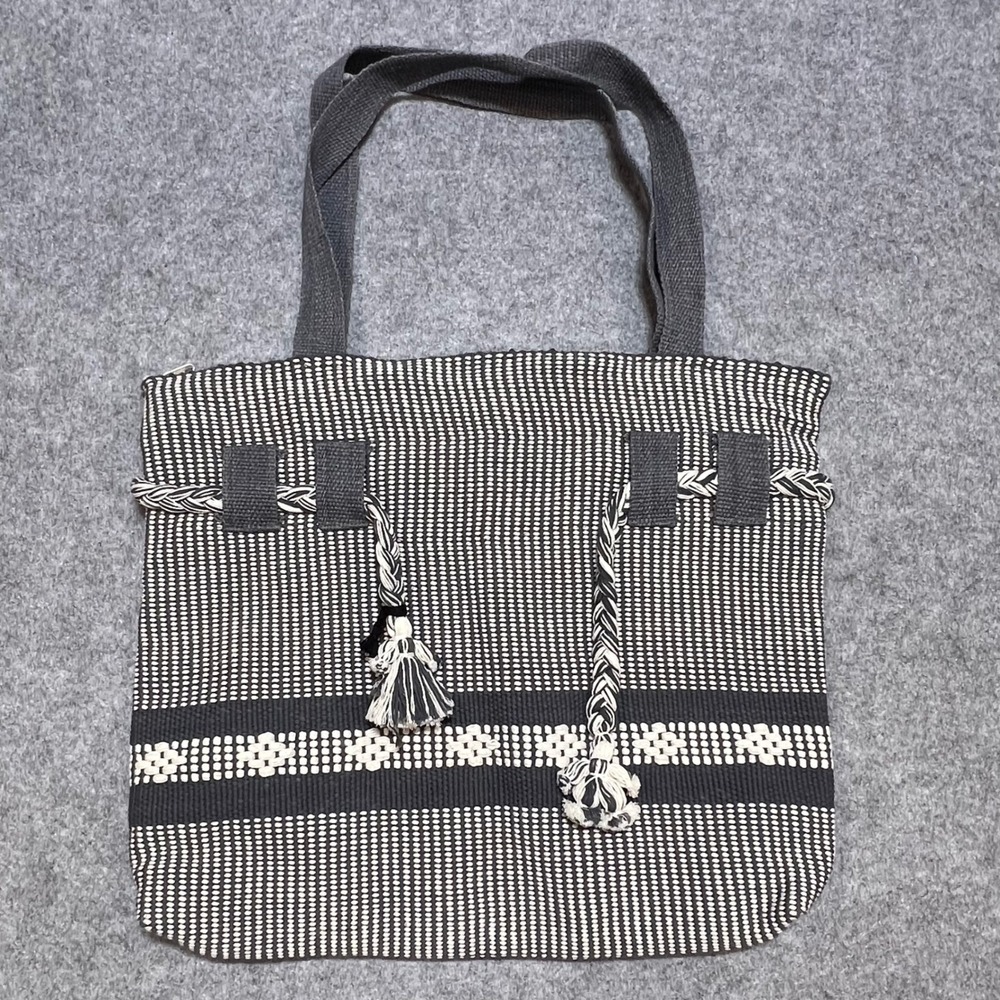 Woven Cotton Tote Bag Charcoal‎ Gray Cream Geometric Pattern Doll Tassels Zipper